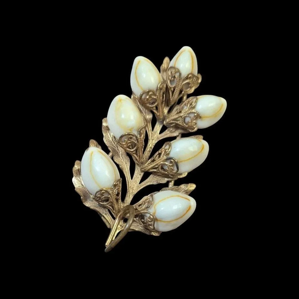 Vintage Gold Tone Botanical Branch Brooch with White Shell Buds Pin‎